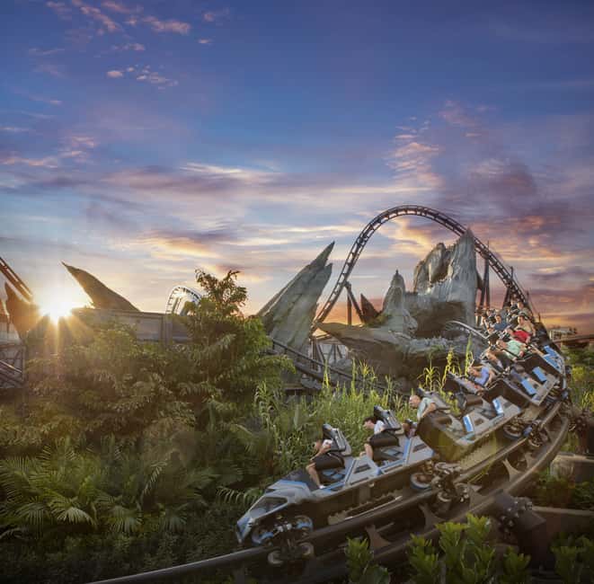 A coaster and palm trees over an Orlando theme park at first light